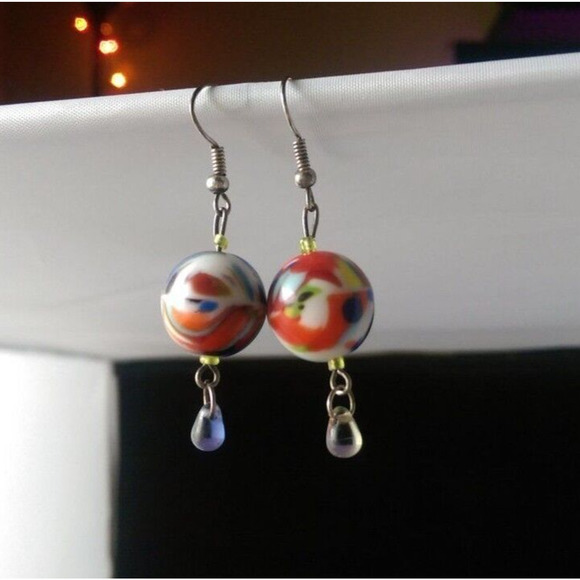 Handmade Multicolored Ceramic Dangle Ball Earrings - New - Picture 1 of 1